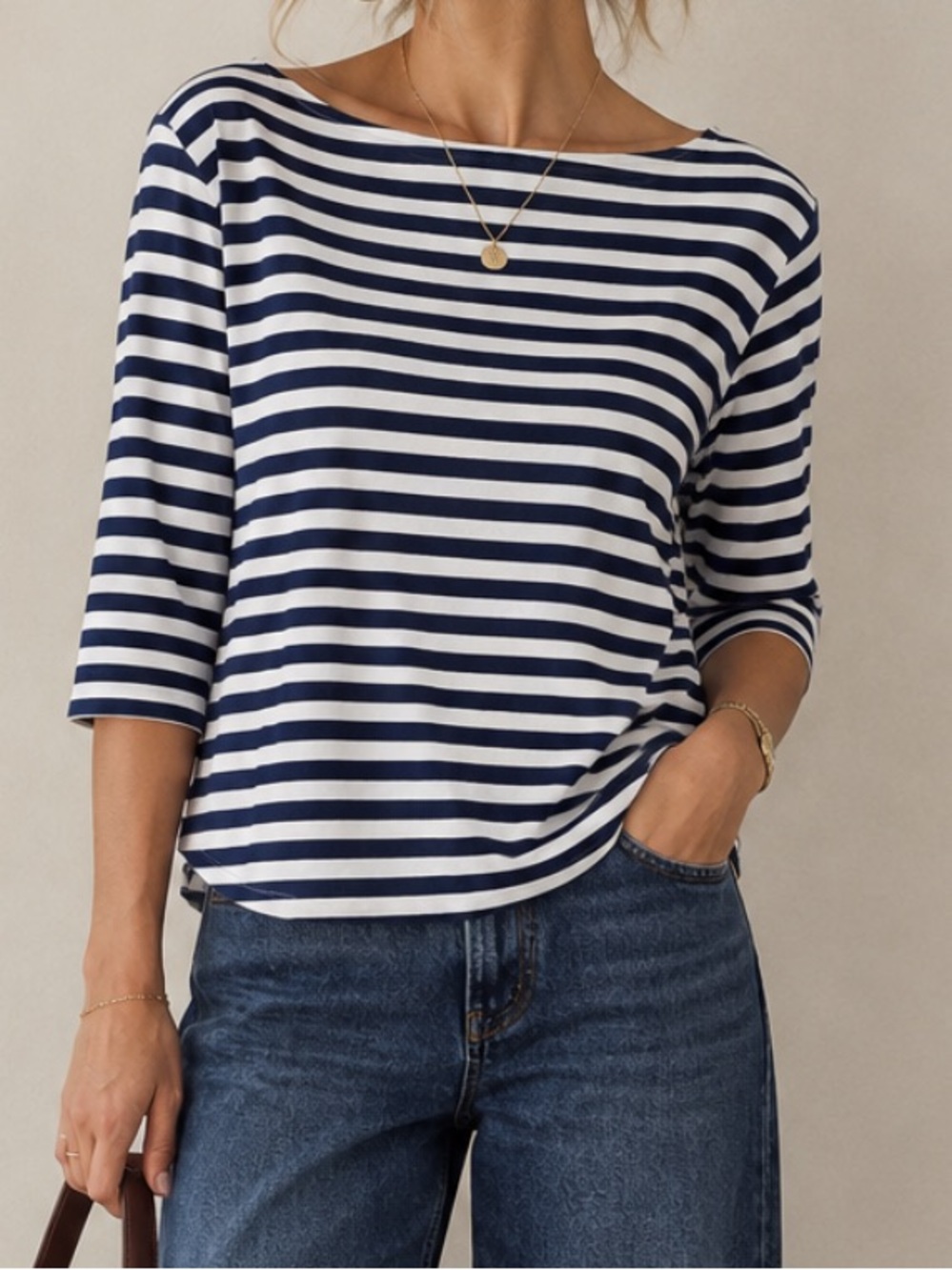 H&M Women’s 100% Cotton Navy and White Striped Boatneck Top Size M Coastal Fall